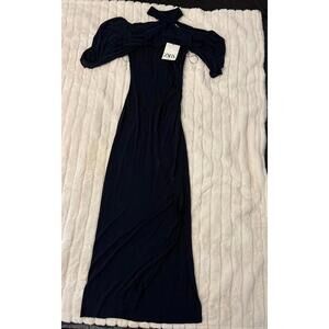 Zara High Halter Neck Draped Shoulder Flowy Navy Blue Gown Gala Black Tie Small